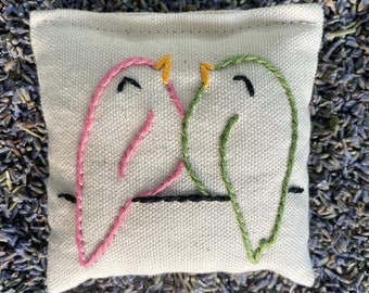 Filled handmade embroidered lavender sachets, lavender pouches