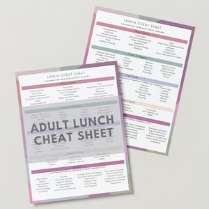 Może przedstawiać: Dwie drukowane listy oszustów na lunch z różową, zieloną i szarą kolorystyką. Górna lista nosi tytuł "Lunch Cheat Sheet", a dolna lista nosi tytuł "Adult Lunch Cheat Sheet". Obie listy zawierają różne opcje jedzenia na zbilansowany posiłek.