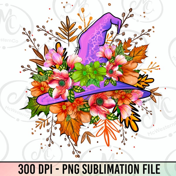 Halloween PNG, Spooky Witch Hat, Autumn sublimation design, Fall PNG, Pumpkins, leaves PNG, Watercolor Sublimation, Instant download, Ghouls