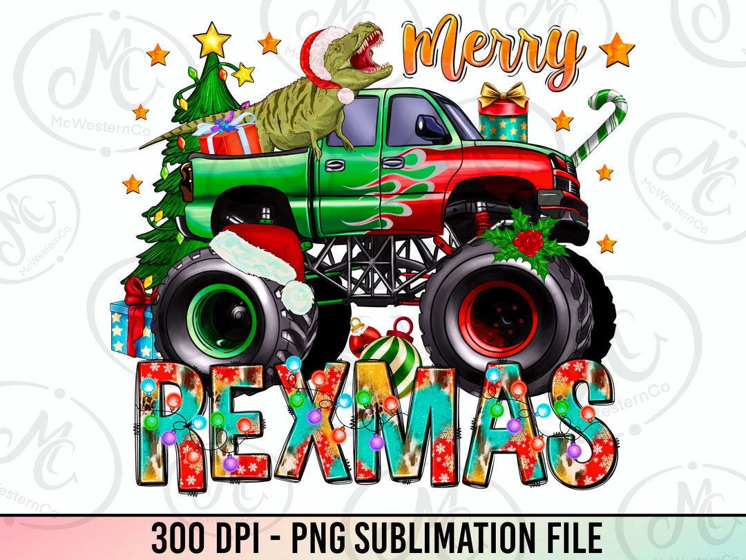 Monster Truck and T-rex Dinosaur Christmas Png Sublimation Design ...