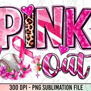 Pink Out PNG, Breast Cancer Awareness Sublimation Design, Pink Ribbon, baseball and Cheer Design, Ready to Print, Instant Download