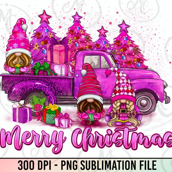 Pink christmas gnomes truck png sublimation design download, Merry Christmas png, Happy New Year png, sublimate designs download