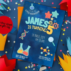 Modelo de convite de aniversário científico, convite de aniversário para impressão, convite de cientista editável com etiqueta de presente de agradecimento científico
