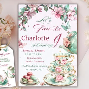Sjabloon uitnodiging verjaardagsfeestje thee, afdrukbare uitnodiging Tea Party, bewerkbare uitnodiging voor par-tea met gratis bedankkaartje