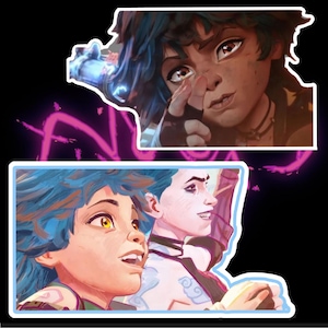 May include: Two animated characters with blue hair. One character is looking to the right with a serious expression. The other character is looking up with a surprised expression. Both characters have yellow eyes.