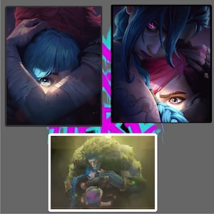 May include: A digital artwork featuring three panels. The top left panel shows a person with blue hair being embraced. The top right panel depicts a person with blue and pink hair. The bottom panel shows a large figure embracing a person with blue hair.