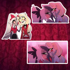 May include: Set of three stickers featuring cartoon characters. Two stickers depict two characters embracing, while the third shows two characters standing together. The characters have pale skin, red accents, and black and white hair.