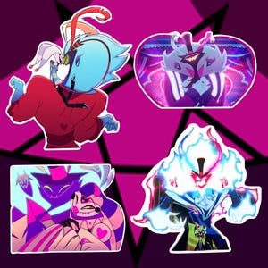 May include: Four colorful stickers featuring characters from the animated series Helluva Boss. The stickers feature a blue and red character with a white character on their back, a black and white character with a red and white character on their back, a black and white character with a red and white character on their back, and a white character with a red and white character on their back.