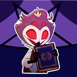 May include: A cartoon character with pink hair and a crown holds a blue book with gold trim and a circular design on the cover. The book has the text "WORLD'S MOST WANTED" on the cover.