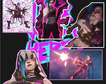 May include: A digital illustration of a female character with blue hair and a pink and purple outfit. The character is holding a gun and has a pink and purple background with the words "Jinx Was Here" and "Boom!" written on it.