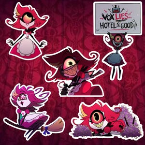 May include: A collection of cartoon stickers featuring a character with red hair, a single large eye, and a wide, toothy grin. The stickers are in various poses, some holding signs that read "VOX LIES HOTEL IS GOOD!!".