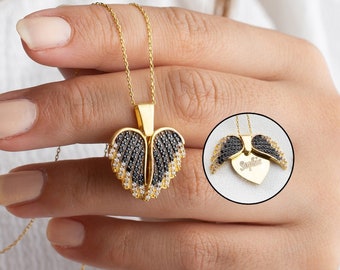 Personalized Sterling Silver Angel Wings Necklace - Secret Message Wigned Heart Pendant - Hidden Names Charm