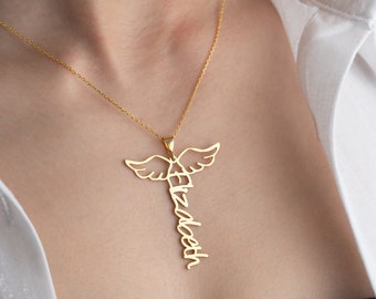 Personalized Angel Wings Name Necklace, Guardin Charm - Protection Memorial Jewelry For Mom - Her