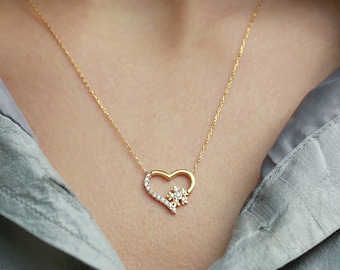 Snowflake with Heart Design Necklace - Heart Necklace - Snowflake Necklace - Love Necklace - Love Symbol Necklace - Small Heart Necklace