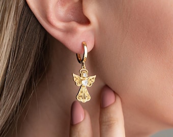 Pendientes colgantes de ángel de la guarda, joyas de protección para mamá y ella.