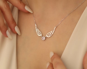 Personalized Sterling Silver Birthstone Angel Wings Necklace, Guardian Pendant