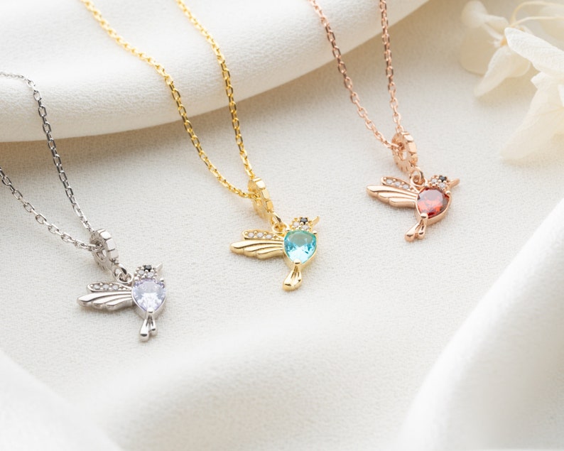 Personalized Birthstone Hummingbird Necklace Custom Bird Necklace Personalized Bird Necklace Elegant LoveBird Necklace Attractive Wings image 2