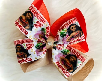 Inspired Moana Birthday Girl Name w/Age Hair Bows, Toddler, Big Girl Hair bows
