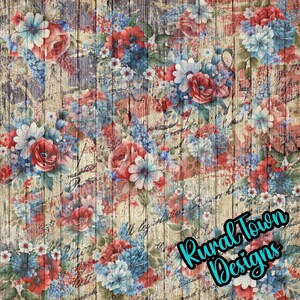 Floral Printed Pattern Vinyl, 12&quot;x12&quot; vinyl, Permanant Adhesive vinyl, Tumbler Vinyl, Patriotic Floral Vinyl