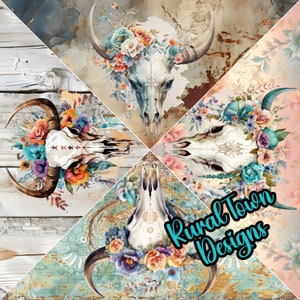Cow Skull Printed Pattern Vinyl, 4 triangles, 12&quot;x12&quot; vinyl, Permanant Adhesive vinyl, Tumbler Vinyl, Floral Vinyl