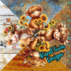 Highland Cow Printed Pattern Vinyl, 4 triangles, 12&quot;x12&quot; vinyl, Permanant Adhesive vinyl, Tumbler Vinyl, Floral Vinyl