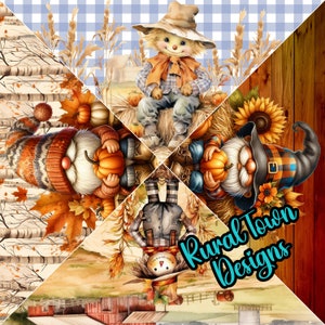 May include: A patchwork design featuring autumn-themed illustrations. The image includes a scarecrow, gnomes holding pumpkins, and fall foliage. The background has a blue and white checkered pattern, a wooden fence, and the text "Rural Town Designs".