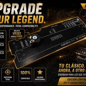 Peut inclure: Composant électronique noir avec le texte « UPGRADE YOUR LEGEND » et « MAXIMUM PERFORMANCE. TOTAL COMPATIBILITY. » Il comprend le texte « COMPATIBLE CON: TECHNICS MKII, M3D, MK5. » Le composant a un bouton et le texte « VR302 » et « VR303 ».
