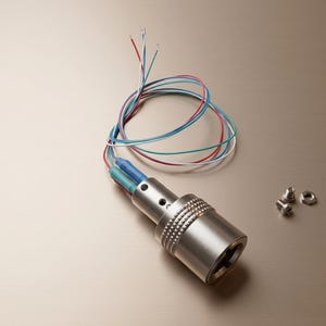 Könnte beinhalten: Ein zylindrischer silberner Metallstecker mit gerändeltem Griffbereich, von dessen Oberseite vier dünne isolierte Drähte in den Farben Rot, Weiß, Blau und Grün ausgehen. Zwei kleine Metallschrauben und eine Sechskantmutter liegen daneben.