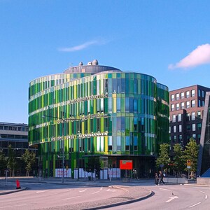 Digital photo download wallhanger for print architectural rare green building Glass vase Malmo Sweden Scandinavia cool curves picture
