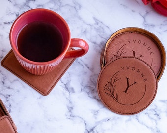 Personalized Leather Coaster, Customed Leather Coaster Set, Coasters With Holder, Housewarming Gift, Wedding Gifts, Round Leather Coasters