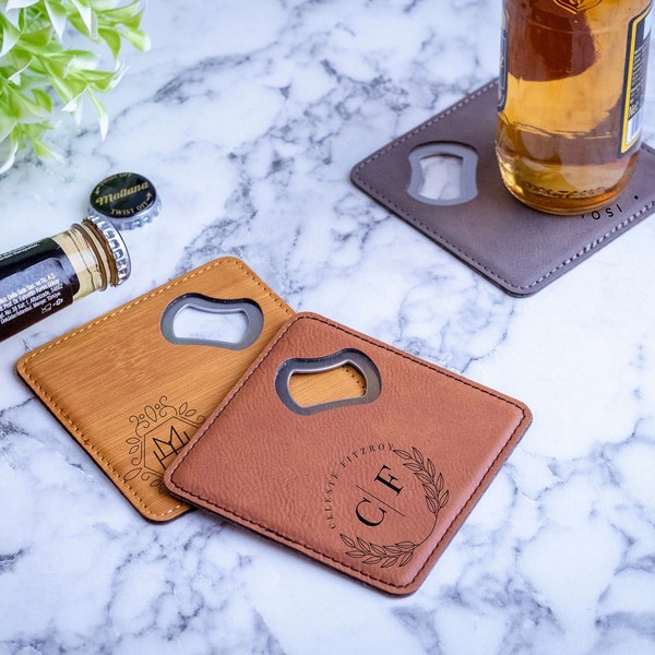 Personalized Bottle Opener Coaster, Engraved Leather Bottle Opener, Custom Bottle Opener Coaster, Bottle Opener For Drinkers, Man-Cave Gift