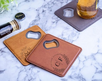 Personalized Bottle Opener Coaster, Engraved Leather Bottle Opener, Custom Bottle Opener Coaster, Bottle Opener For Drinkers, Man-Cave Gift