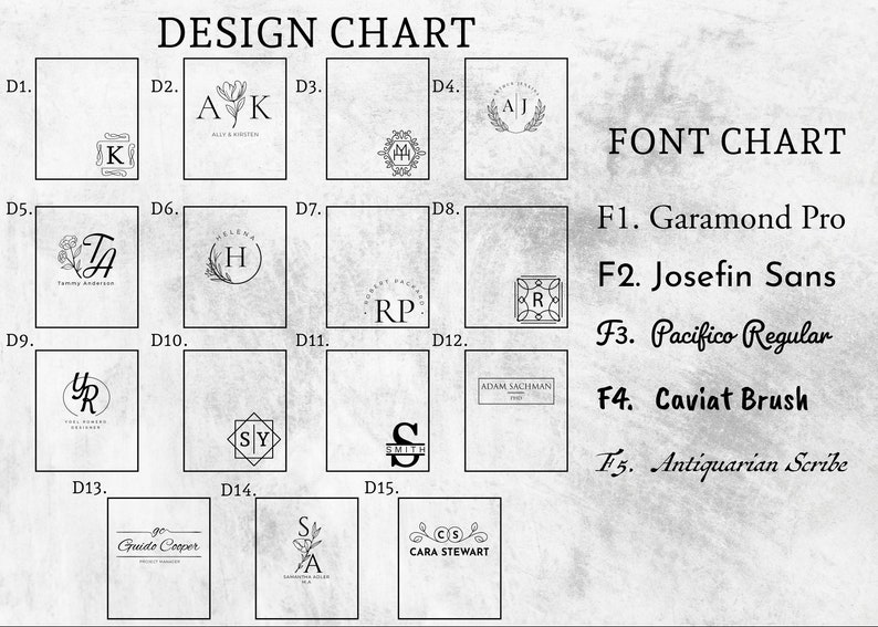 K&ouml;nnte beinhalten: Ein Diagramm mit 15 verschiedenen Monogramm-Designs und 5 verschiedenen Schriftarten. Die Monogramm-Designs umfassen Initialen, Namen und eine Kombination aus beidem. Die Schriftarten umfassen Garamond Pro, Josefin Sans, Pacifico Regular, Caviat Brush und Antiquarian Scribe.