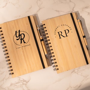 K&ouml;nnte beinhalten: Zwei Holzjournale mit schwarzen Gummib&auml;ndern und passenden Stiften. Das erste Journal hat einen schwarzen Kreis mit den Initialen "YR" und dem Text "Yoel Romero". Das zweite Journal hat die Initialen "RP" und den Text "Robert Packard".