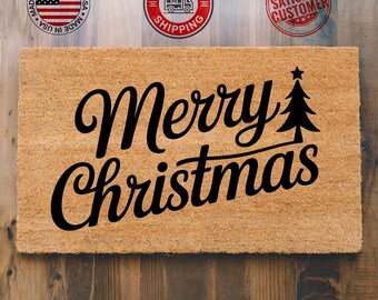 Coir "Merry Christmas" Doormat, XMAS Welcome Mat, Holiday Decor