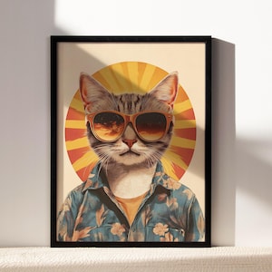 Cat with Sunglasses, Cool Cat Framed Art, Cat Wall Decor, Retro Cat Printable Poster, Cat in Sunglasses Art Print, Cool Cat Poster