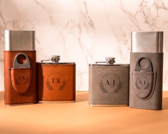 Custom Groomsmen Cigar Holder, Leather Cigar Holder and Flask Set, Personalized Groomsmen Gift, Custom Flask, Fathers Day Gift, Wedding Gift