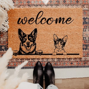 Personalized Dog and Cat Gift, Welcome Mat, Custom Dog and Cat Gift, Cat Dog Breeds, Dogs Cats Custom Doormat, Family Gift, Outdoor Decor