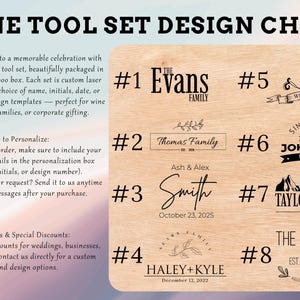 May include: A design chart for a wine tool set with eight different design options. Each design features a different name, date, or logo. The chart is printed on a wooden surface.