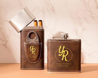 Personalized Groomsmen Cigar Holder, Leather Cigar Holder and Flask Set, Groomsmen Gift, Custom Flask, Father's Day Gift, Wedding Gift