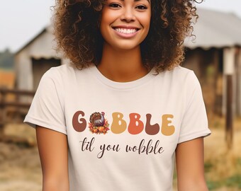 Turkey Gobble Til you Wobble T-Shirt Sweater Hoodie, Thanksgiving Sweatshirt with Sleeve Accent, Turkey Hoodie with Sleeve Print