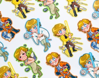 May include: A set of ten colorful cartoon stickers featuring characters from Star Wars. The stickers feature Luke Skywalker, Yoda, and other characters from the Star Wars universe.