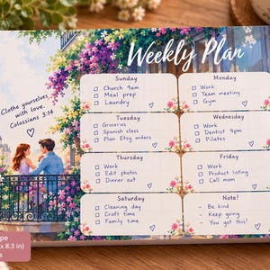 May include: A rectangular weekly planner notepad measuring 5.8 by 8.3 inches with 40 sheets. The design features a romantic balcony scene with flowers, the text Weekly Plan, and the Bible verse Colossians 3:14. It includes daily sections with checkboxes and a note area.