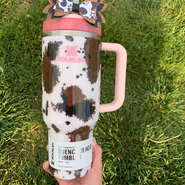 Cow Hide - Authentic Stanley Tumbler - Epoxy Glitter Cow Print Tumbler - 40 Oz - 30 Oz Pink Custom Water Bottle Cup Accesory - Cowprint