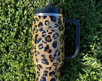 Aangepaste luipaard - Authentieke Stanley-beker - Epoxygouden glitter-beker met luipaardprint - 40 oz - 30 oz