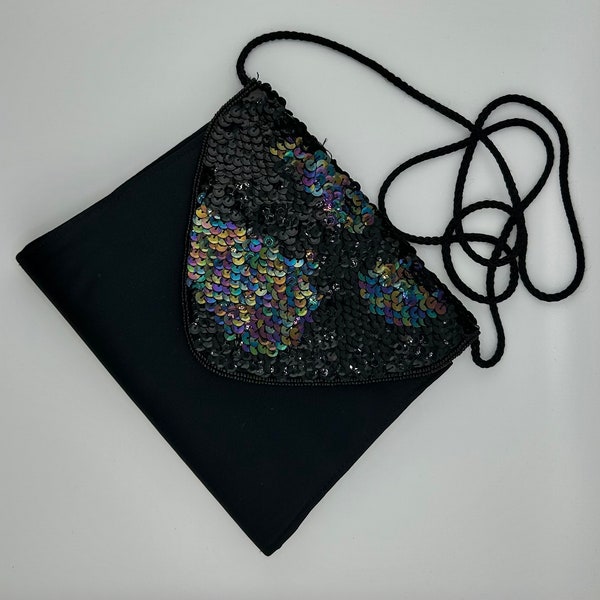 Vintage Black Purse by Andrew Geller Boutique with Translucent Sequins, Satin and a Black Cord Strap