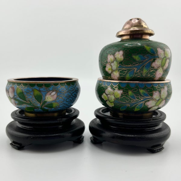 Vintage Cloisonné Enamel Brass Stacking Open Salt Cellar (2) Pepper Shaker with wood stand Blue Green Pink 2”