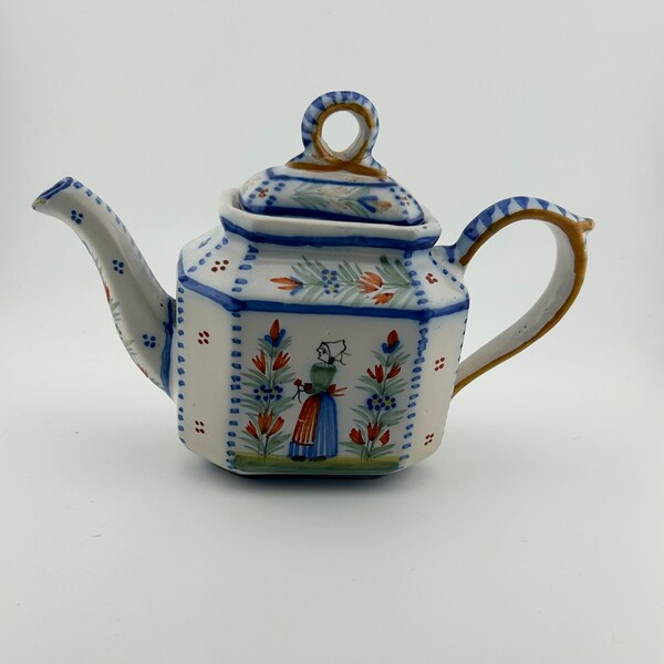 Vintage Henriot Quimper "Breton Couple" Pattern Small Teapot with Lid Signed Rare Find Collectable