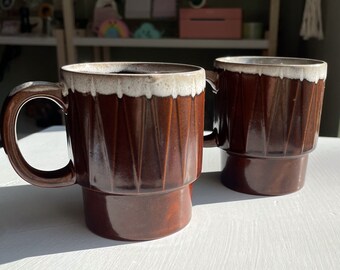 Vintage Set of 2 Stoneware Drip Glaze Mugs, Made in Japan, Stackable, Nesting