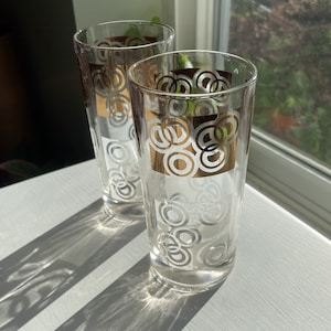 Vintage Set of 2 Glass Tumblers with Retro Gold and Frosted Glass Circle Design, MCM, Mid Century Modern, 1960s